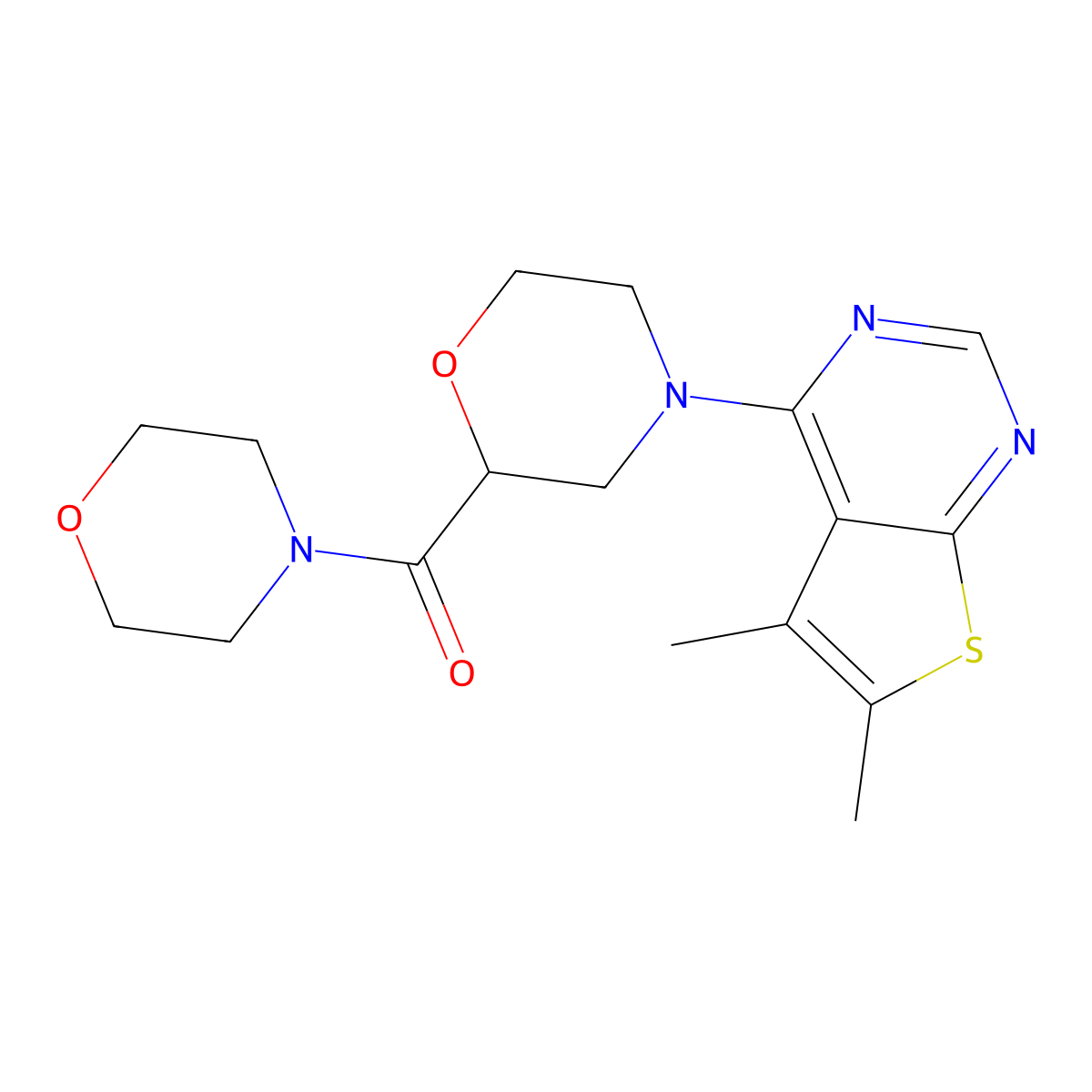 4-{5,6-Dimethylthieno[2,3-d]pyrimidin-4-yl}-2-(morpholine-4-carbonyl)morpholine molecular structure, CAS 2640963-24-0