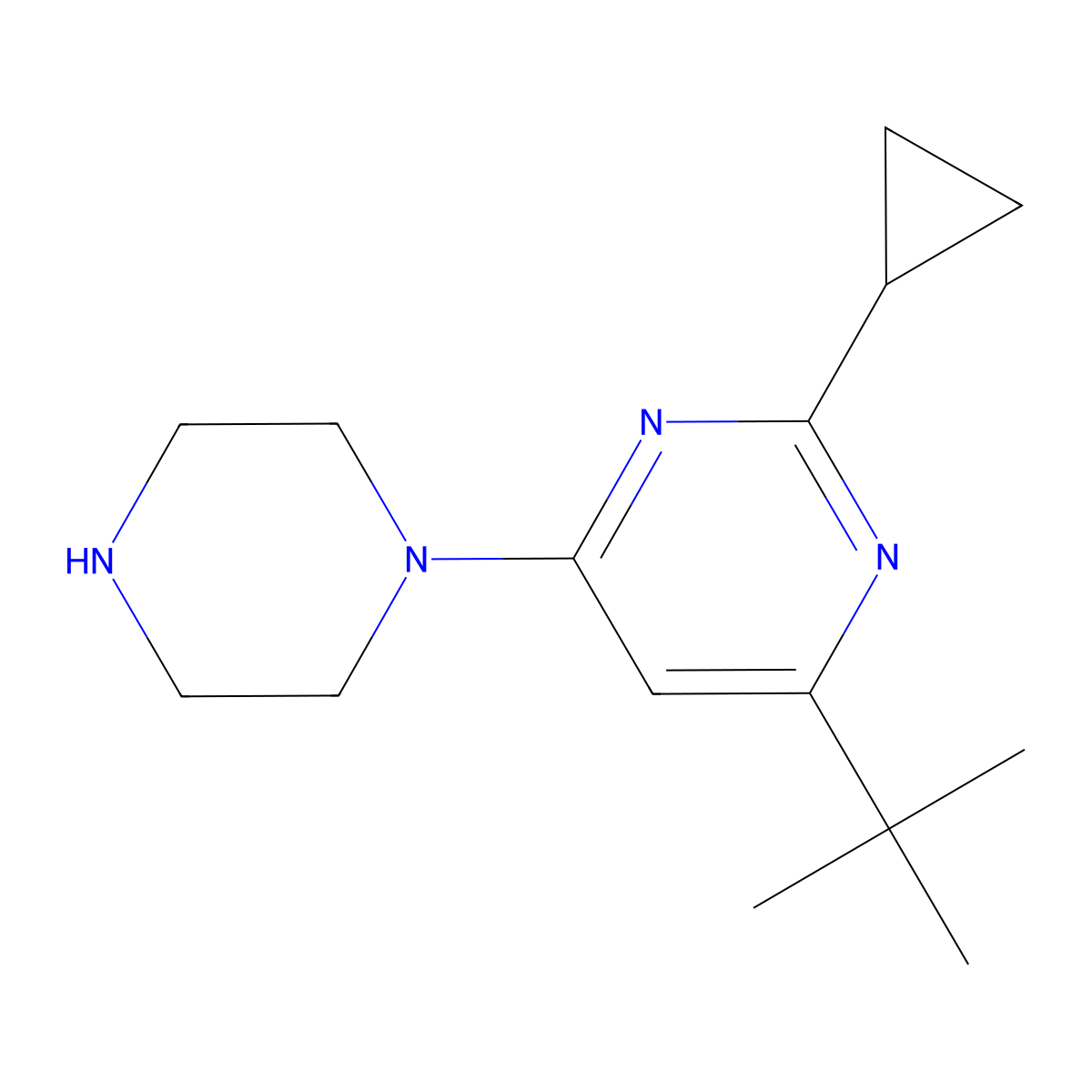 4-Tert-butyl-2-cyclopropyl-6-(piperazin-1-yl)pyrimidine molecular structure, CAS 2640963-26-2