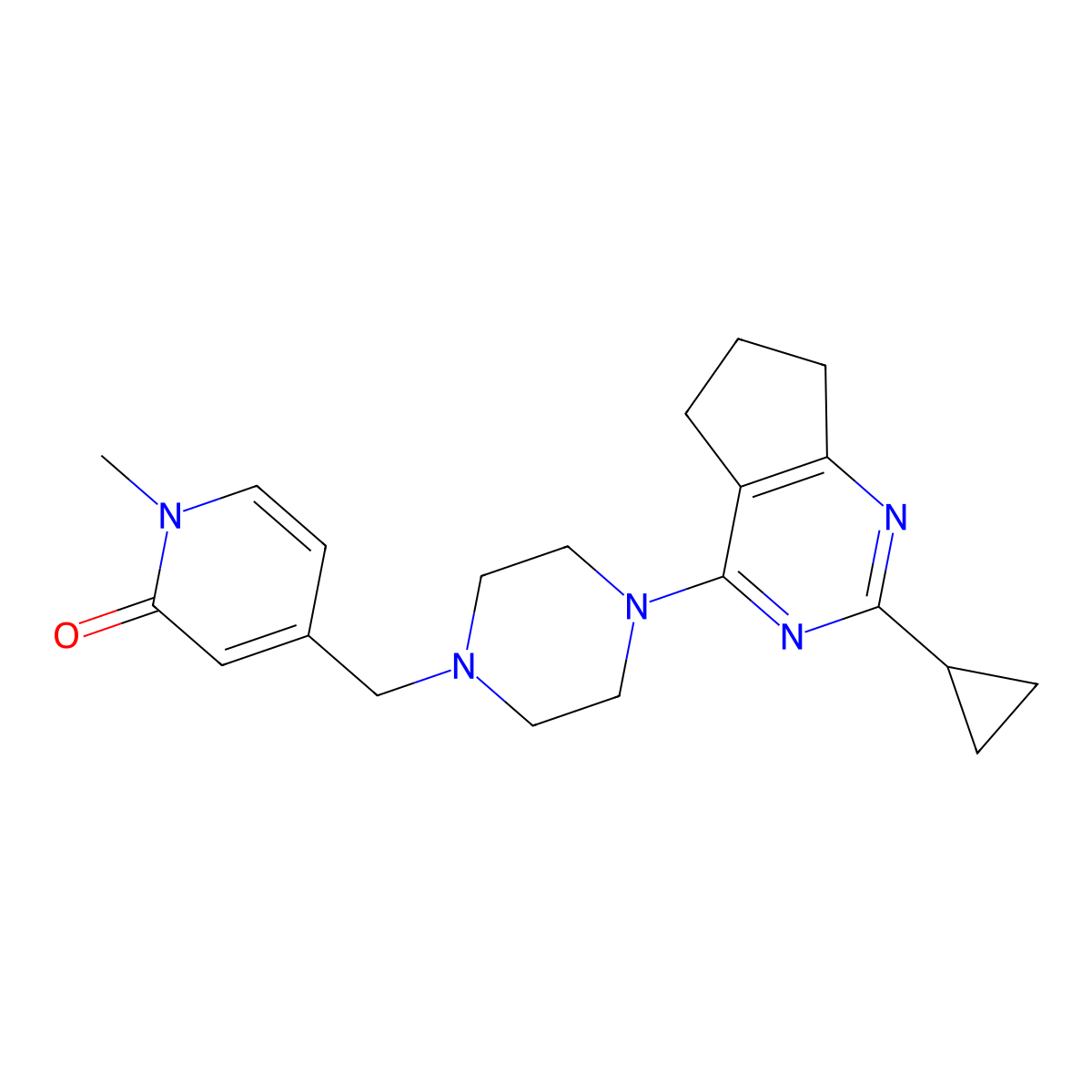 4-[(4-{2-cyclopropyl-5H,6H,7H-cyclopenta[d]pyrimidin-4-yl}piperazin-1-yl)methyl]-1-methyl-1,2-dihydropyridin-2-one molecular structure, CAS 2640963-29-5