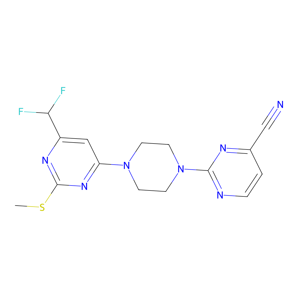2-{4-[6-(Difluoromethyl)-2-(methylsulfanyl)pyrimidin-4-yl]piperazin-1-yl}pyrimidine-4-carbonitrile molecular structure, CAS 2640963-30-8