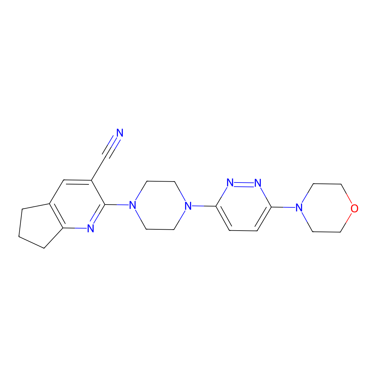 2-{4-[6-(morpholin-4-yl)pyridazin-3-yl]piperazin-1-yl}-5H,6H,7H-cyclopenta[b]pyridine-3-carbonitrile molecular structure, CAS 2640963-34-2