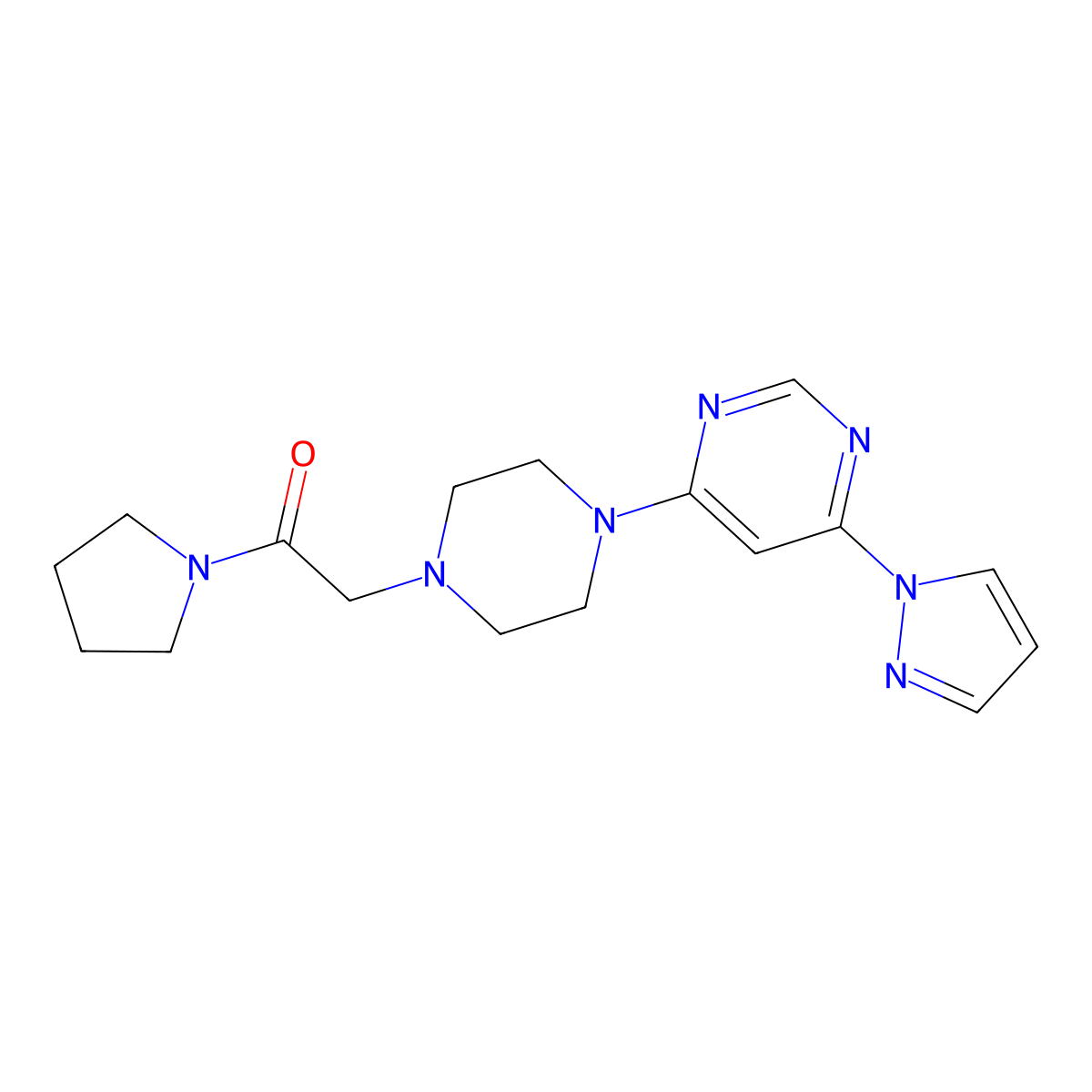2-{4-[6-(1H-pyrazol-1-yl)pyrimidin-4-yl]piperazin-1-yl}-1-(pyrrolidin-1-yl)ethan-1-one molecular structure, CAS 2640963-40-0