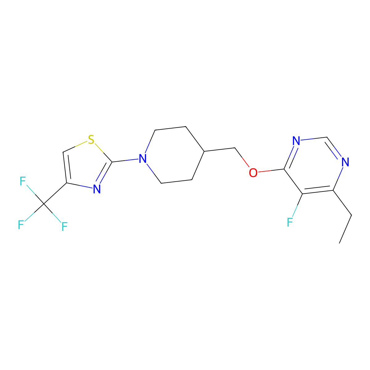 4-Ethyl-5-fluoro-6-({1-[4-(trifluoromethyl)-1,3-thiazol-2-yl]piperidin-4-yl}methoxy)pyrimidine molecular structure, CAS 2640963-50-2