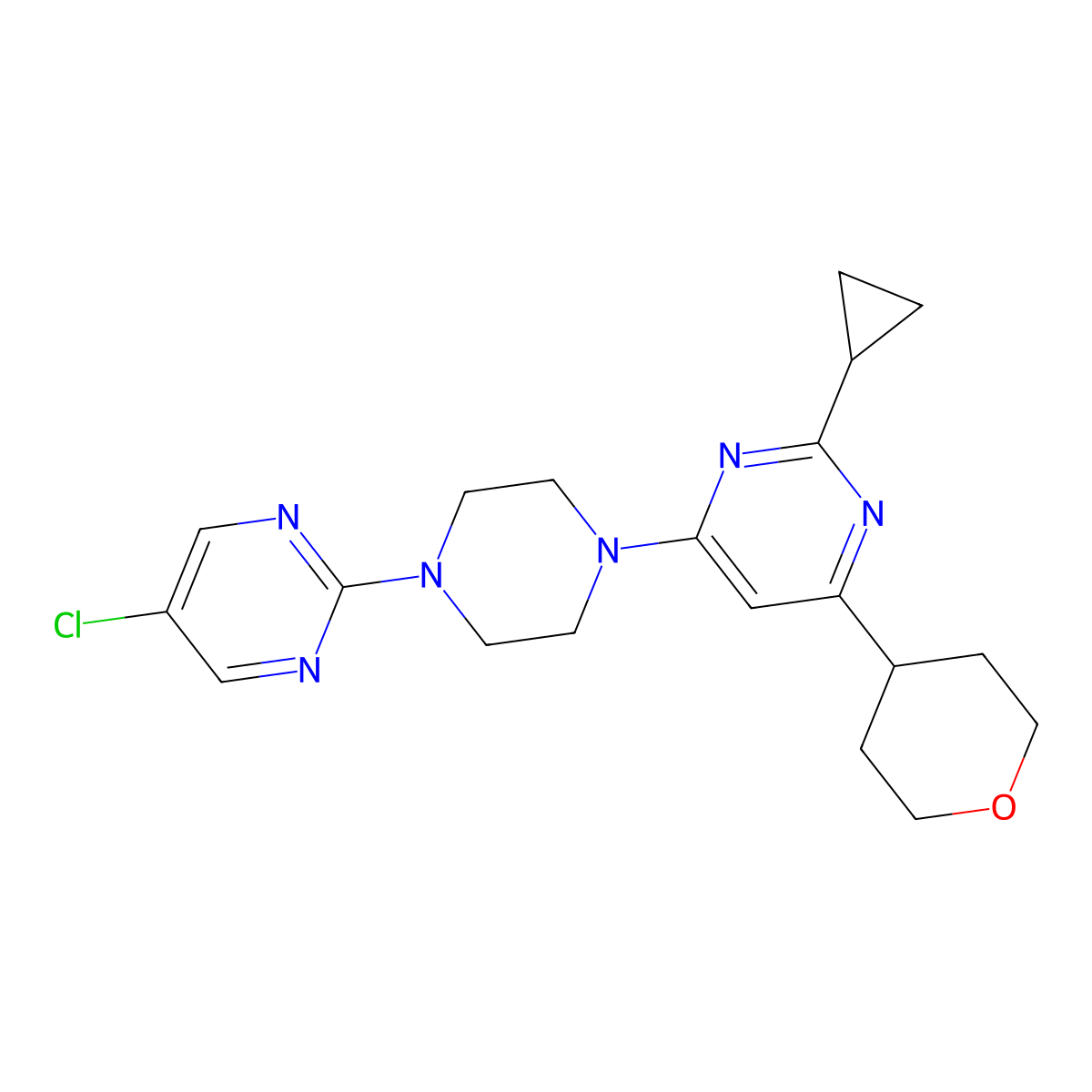 4-[4-(5-Chloropyrimidin-2-yl)piperazin-1-yl]-2-cyclopropyl-6-(oxan-4-yl)pyrimidine molecular structure, CAS 2640963-59-1