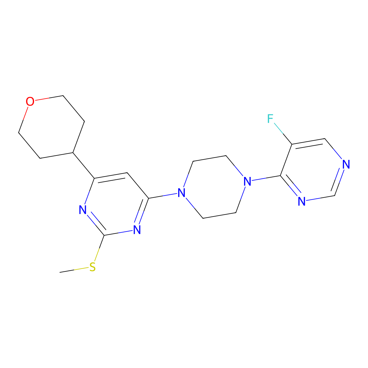 4-[4-(5-Fluoropyrimidin-4-yl)piperazin-1-yl]-2-(methylsulfanyl)-6-(oxan-4-yl)pyrimidine molecular structure, CAS 2640963-60-4