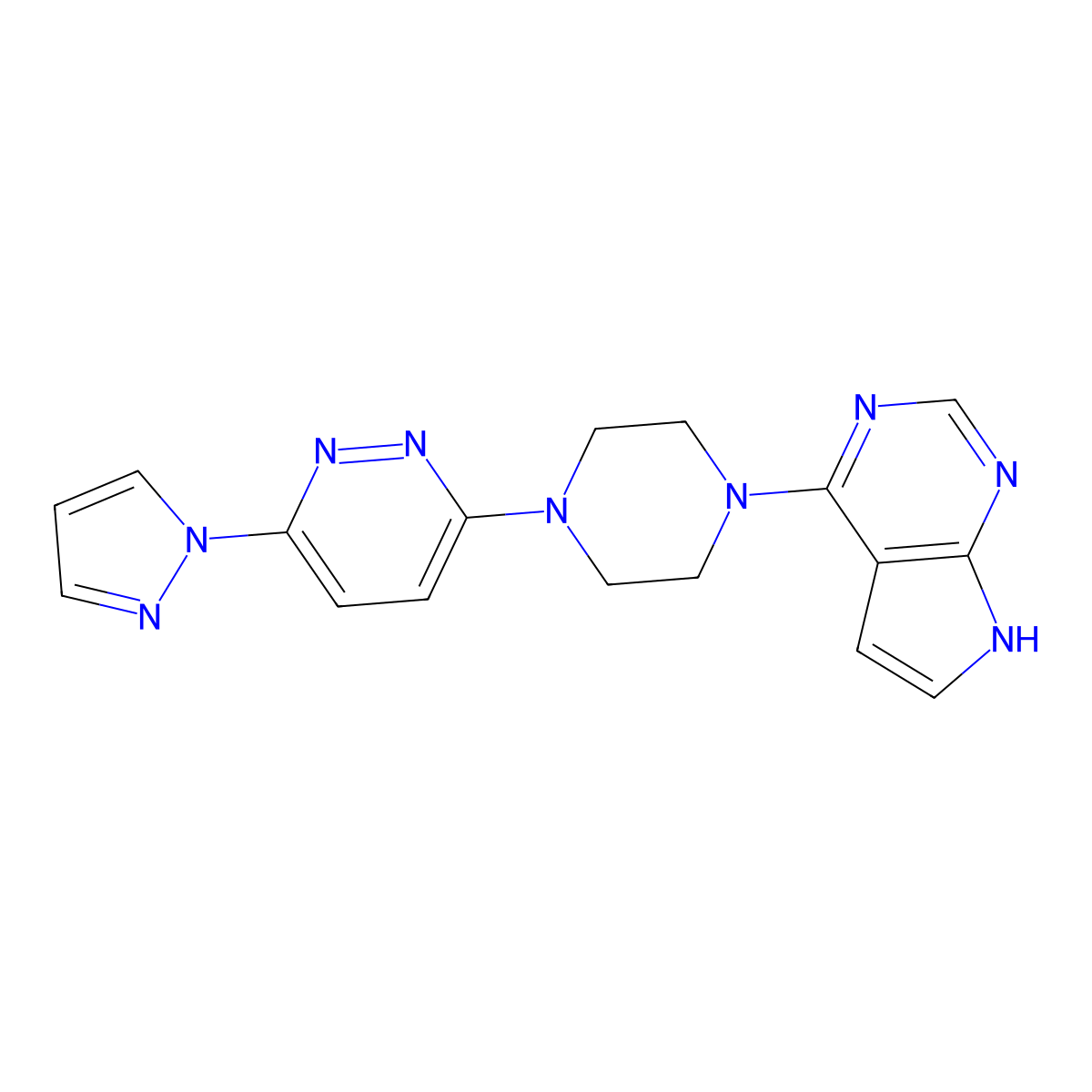3-(1H-pyrazol-1-yl)-6-(4-{7H-pyrrolo[2,3-d]pyrimidin-4-yl}piperazin-1-yl)pyridazine molecular structure, CAS 2640963-64-8