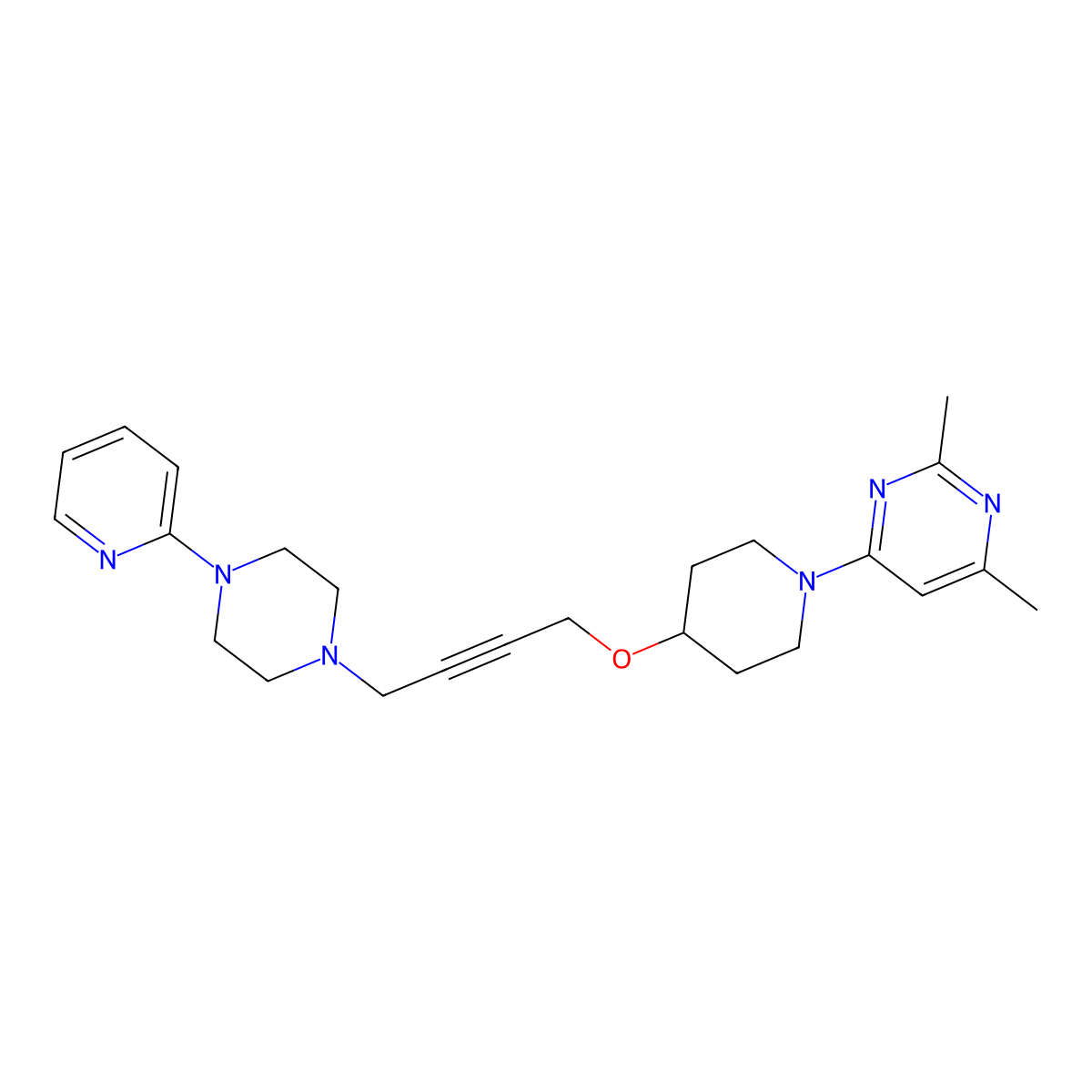 2,4-Dimethyl-6-[4-({4-[4-(pyridin-2-yl)piperazin-1-yl]but-2-yn-1-yl}oxy)piperidin-1-yl]pyrimidine molecular structure, CAS 2640963-65-9