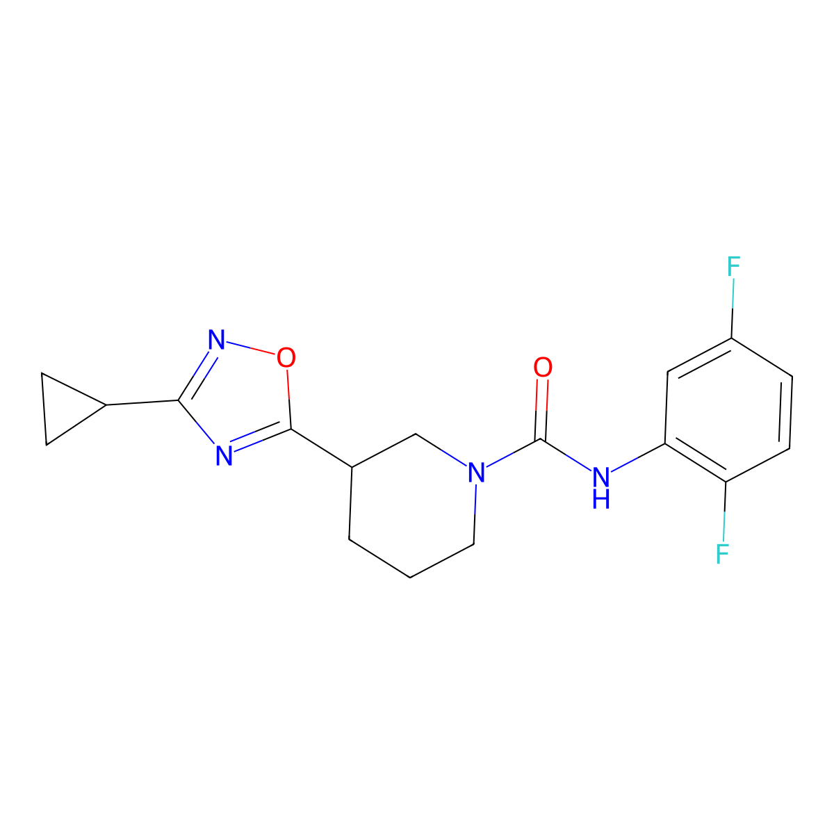 3-(3-cyclopropyl-1,2,4-oxadiazol-5-yl)-N-(2,5-difluorophenyl)piperidine-1-carboxamide molecular structure, CAS 2640963-67-1