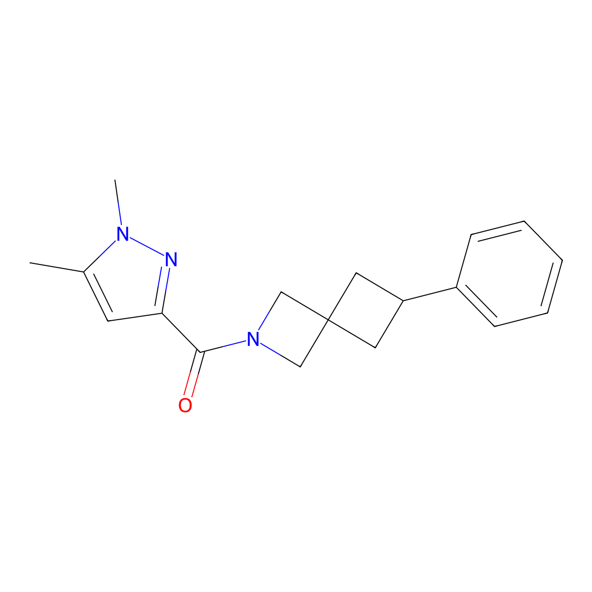 2-(1,5-dimethyl-1H-pyrazole-3-carbonyl)-6-phenyl-2-azaspiro[3.3]heptane molecular structure, CAS 2640963-69-3