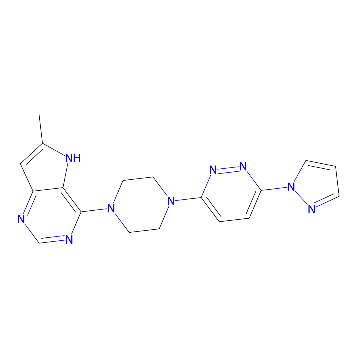 3-(4-{6-methyl-5H-pyrrolo[3,2-d]pyrimidin-4-yl}piperazin-1-yl)-6-(1H-pyrazol-1-yl)pyridazine molecular structure, CAS 2640963-72-8