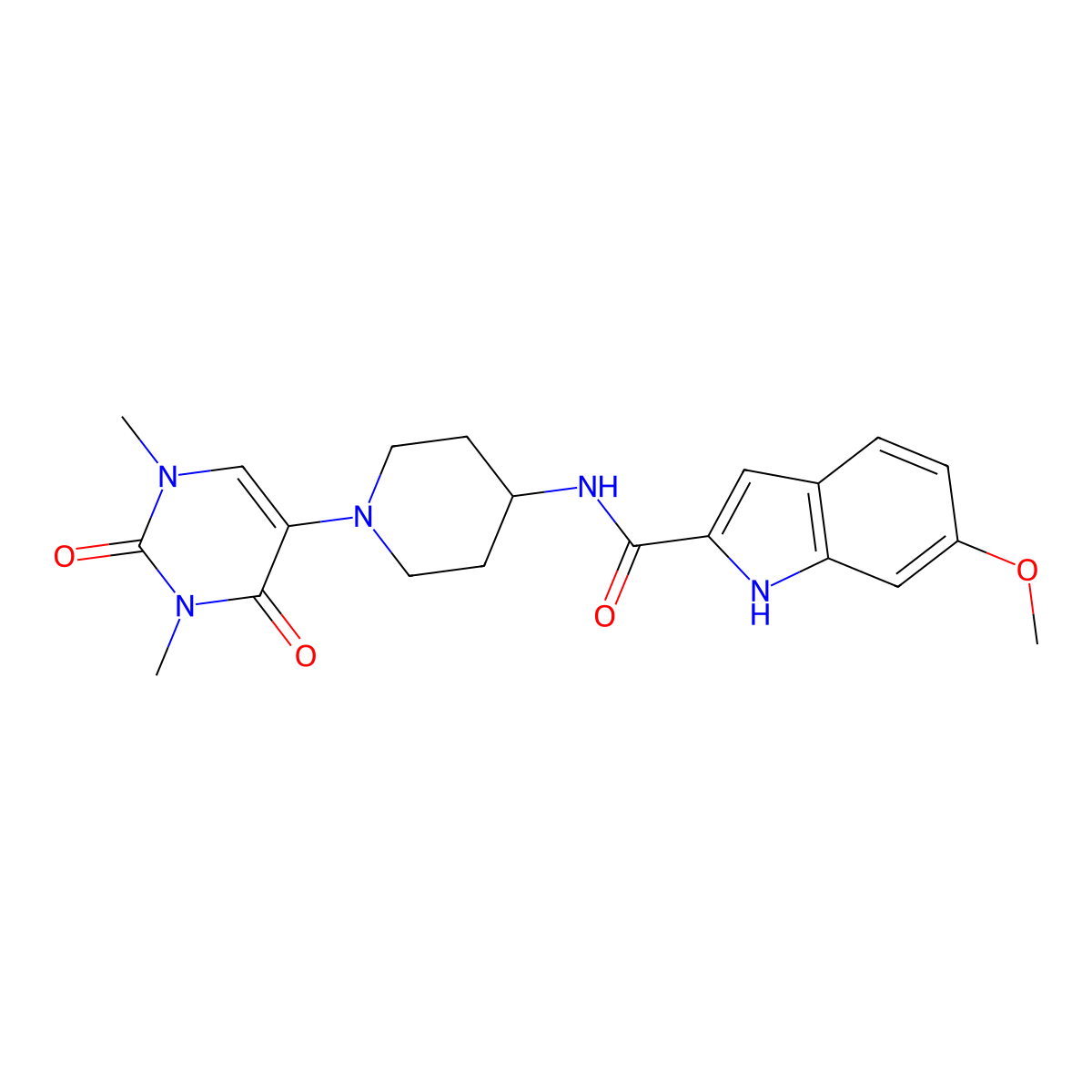 N-[1-(1,3-dimethyl-2,4-dioxo-1,2,3,4-tetrahydropyrimidin-5-yl)piperidin-4-yl]-6-methoxy-1H-indole-2-carboxamide molecular structure, CAS 2640963-76-2