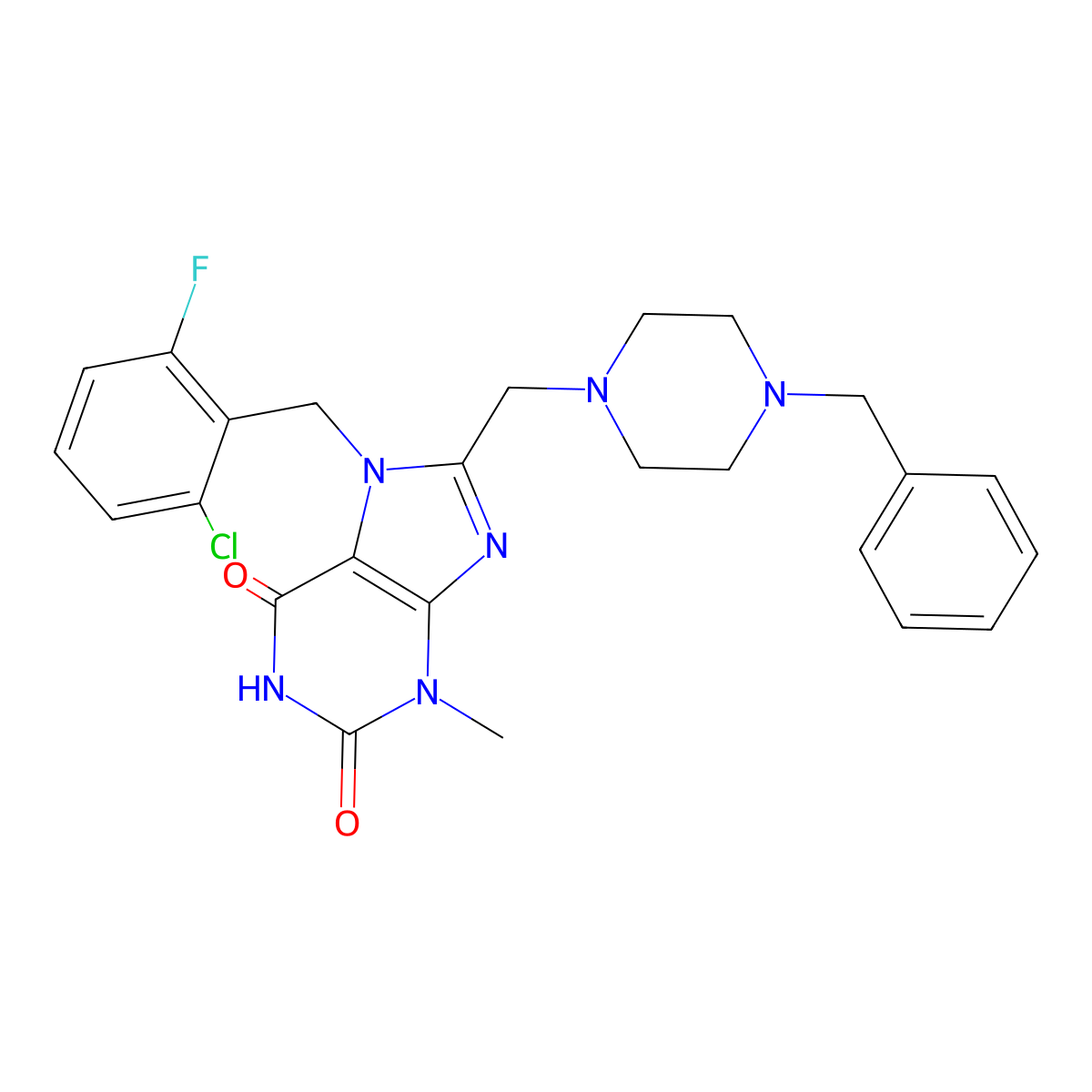 8-[(4-benzylpiperazin-1-yl)methyl]-7-[(2-chloro-6-fluorophenyl)methyl]-3-methyl-2,3,6,7-tetrahydro-1H-purine-2,6-dione molecular structure, CAS 2640963-81-9