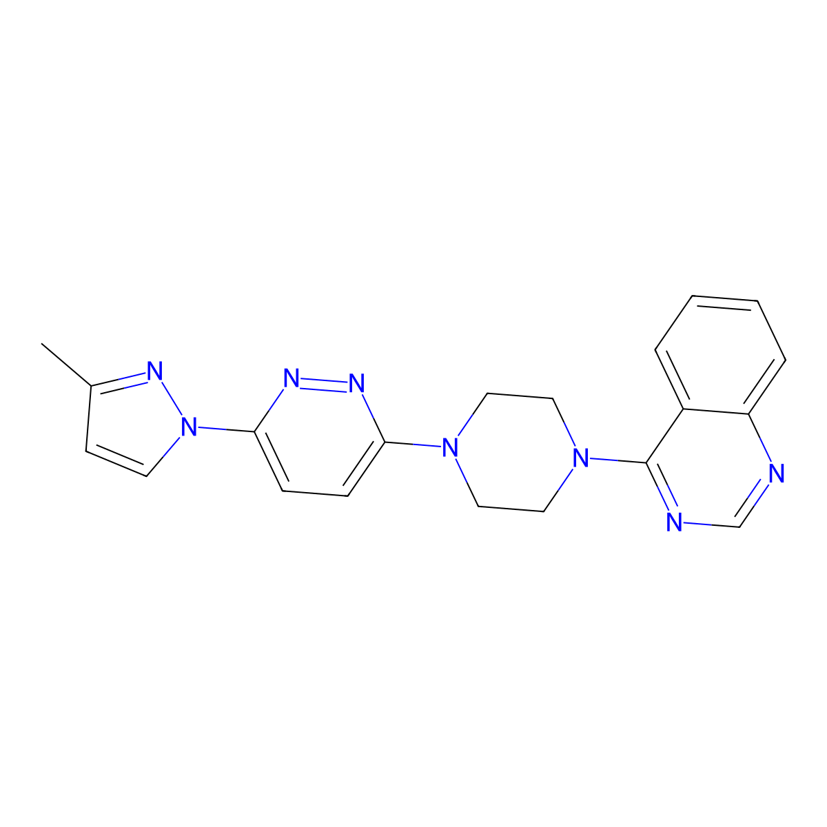 4-{4-[6-(3-methyl-1H-pyrazol-1-yl)pyridazin-3-yl]piperazin-1-yl}quinazoline molecular structure, CAS 2640963-82-0