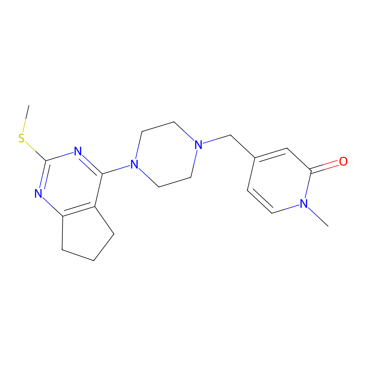 1-methyl-4-({4-[2-(methylsulfanyl)-5H,6H,7H-cyclopenta[d]pyrimidin-4-yl]piperazin-1-yl}methyl)-1,2-dihydropyridin-2-one molecular structure, CAS 2640963-86-4