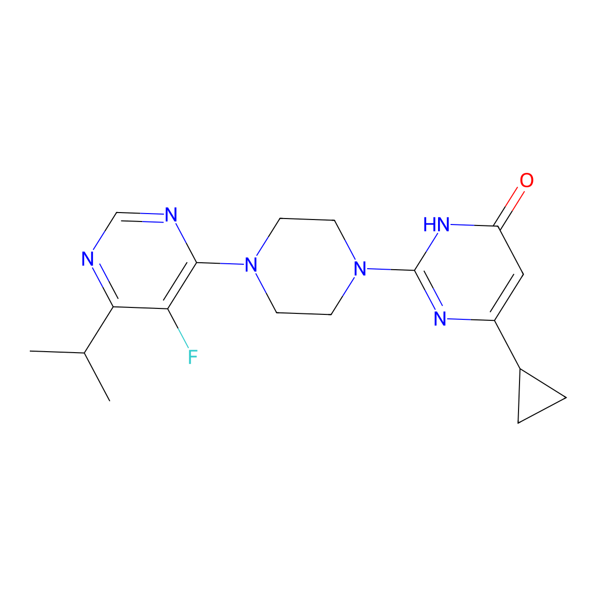6-Cyclopropyl-2-{4-[5-fluoro-6-(propan-2-yl)pyrimidin-4-yl]piperazin-1-yl}-3,4-dihydropyrimidin-4-one molecular structure, CAS 2640963-96-6