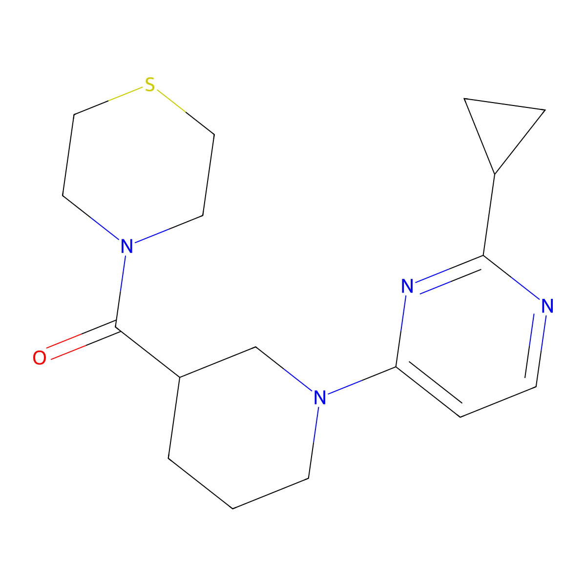 4-[1-(2-Cyclopropylpyrimidin-4-yl)piperidine-3-carbonyl]thiomorpholine molecular structure, CAS 2640963-97-7