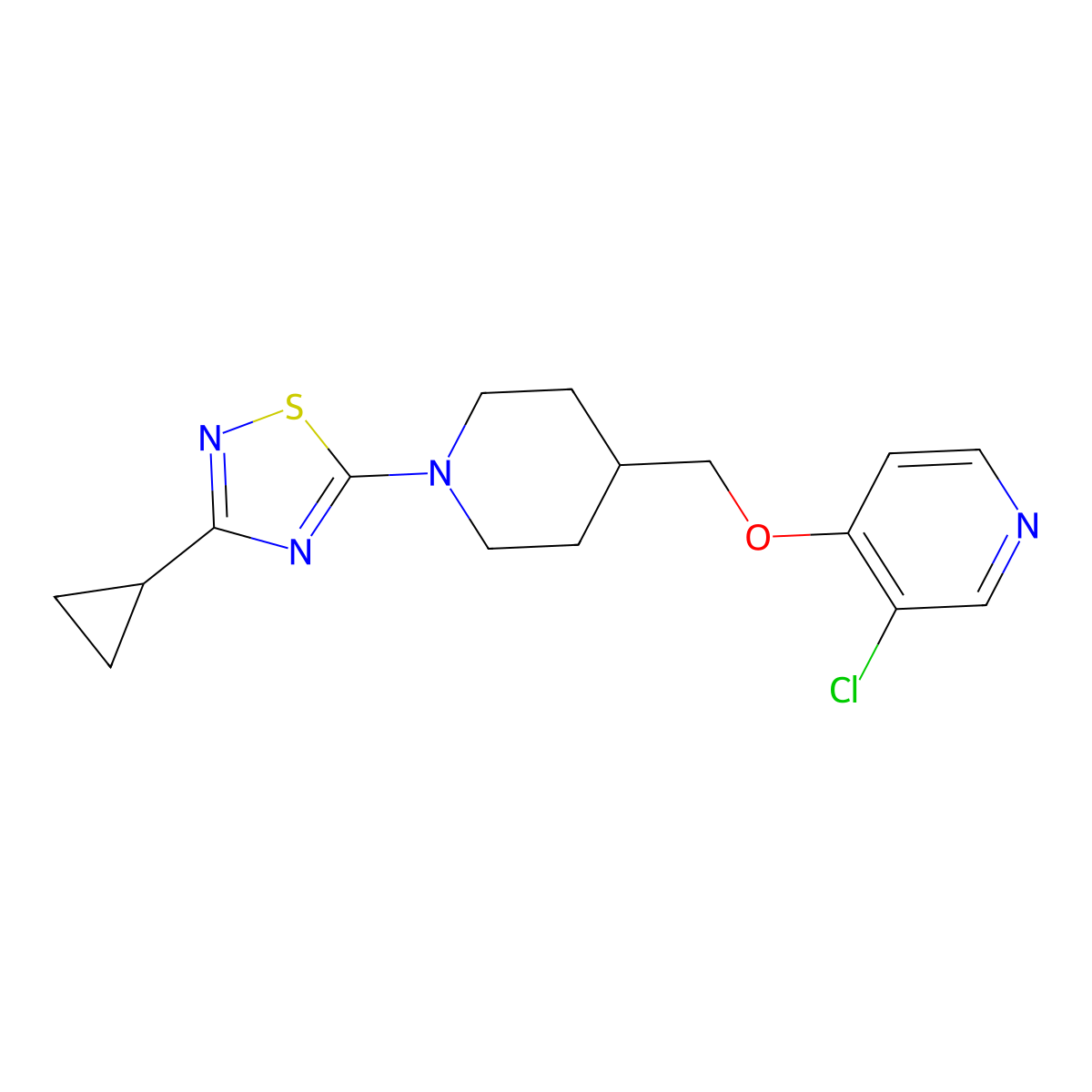 3-Chloro-4-{[1-(3-cyclopropyl-1,2,4-thiadiazol-5-yl)piperidin-4-yl]methoxy}pyridine molecular structure, CAS 2640963-99-9