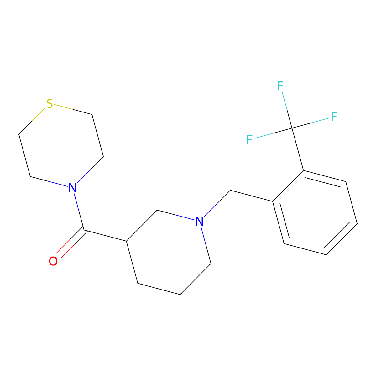 4-(1-{[2-(Trifluoromethyl)phenyl]methyl}piperidine-3-carbonyl)thiomorpholine molecular structure, CAS 2640964-02-7