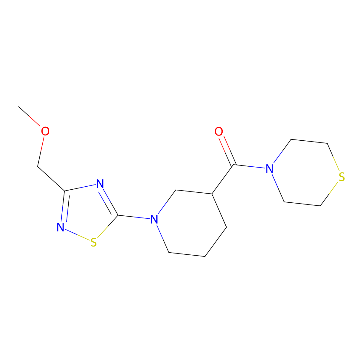 4-{1-[3-(Methoxymethyl)-1,2,4-thiadiazol-5-yl]piperidine-3-carbonyl}thiomorpholine molecular structure, CAS 2640964-07-2