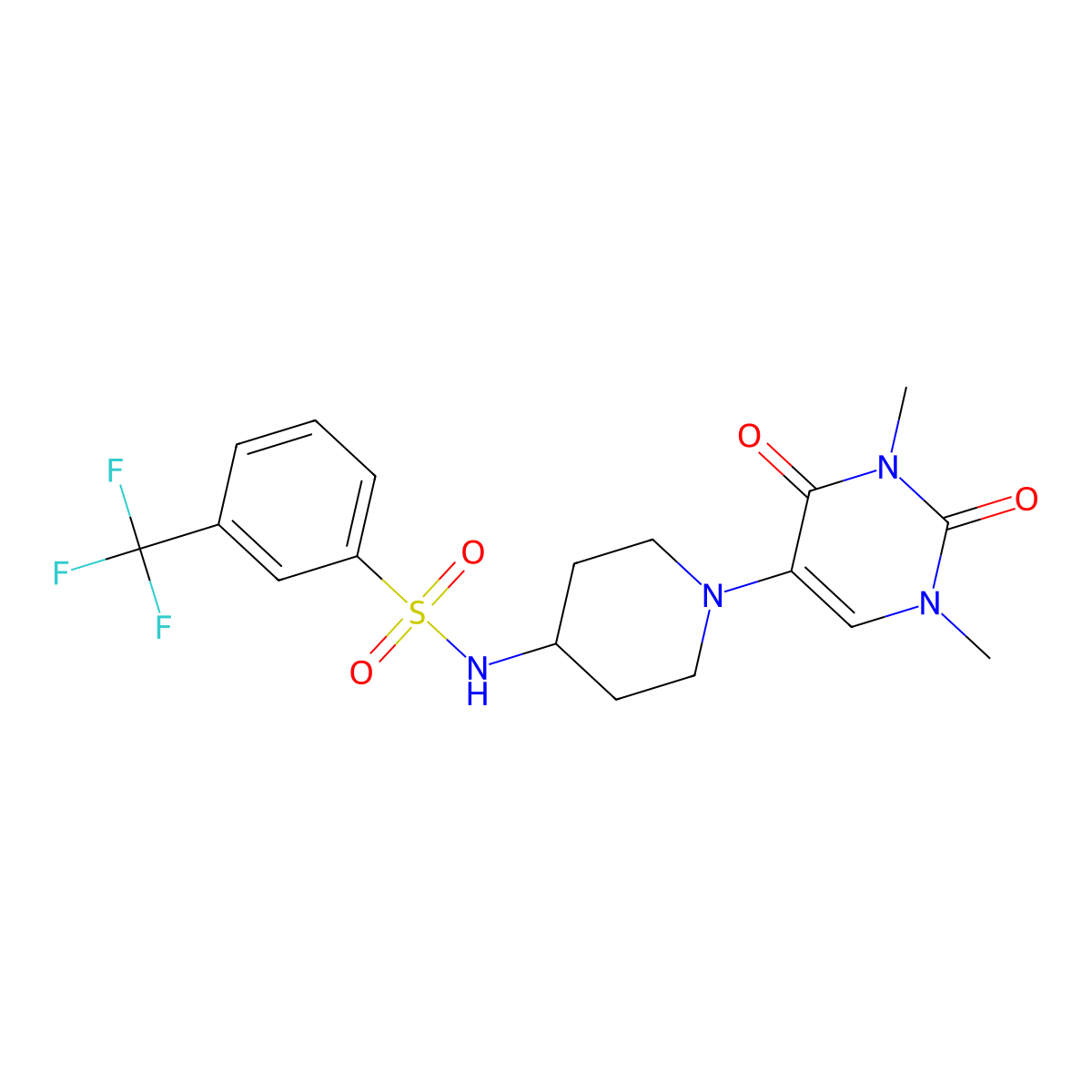 N-[1-(1,3-dimethyl-2,4-dioxo-1,2,3,4-tetrahydropyrimidin-5-yl)piperidin-4-yl]-3-(trifluoromethyl)benzene-1-sulfonamide molecular structure, CAS 2640964-09-4