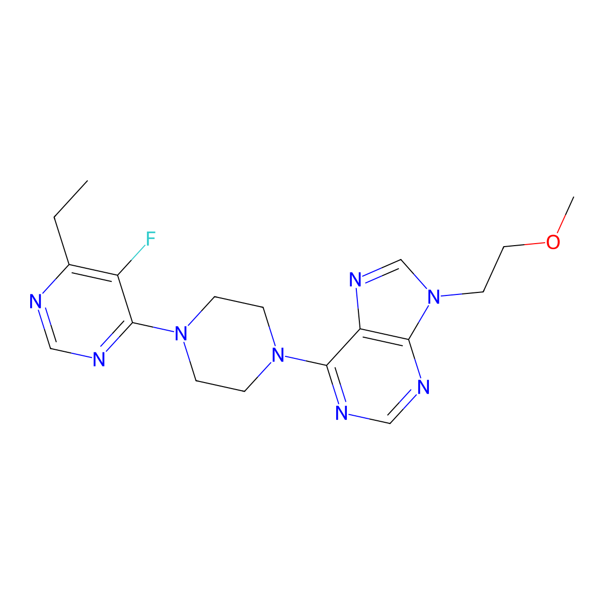 6-[4-(6-ethyl-5-fluoropyrimidin-4-yl)piperazin-1-yl]-9-(2-methoxyethyl)-9H-purine molecular structure, CAS 2640964-10-7