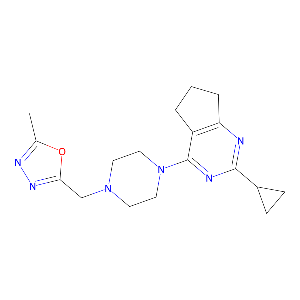1-{2-cyclopropyl-5H,6H,7H-cyclopenta[d]pyrimidin-4-yl}-4-[(5-methyl-1,3,4-oxadiazol-2-yl)methyl]piperazine molecular structure, CAS 2640964-16-3