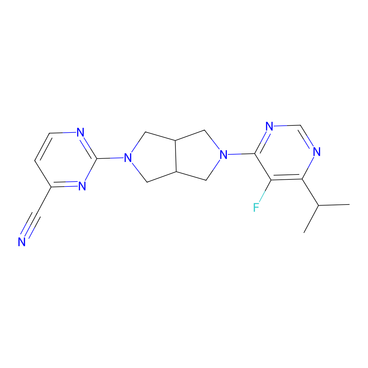 2-{5-[5-Fluoro-6-(propan-2-yl)pyrimidin-4-yl]-octahydropyrrolo[3,4-c]pyrrol-2-yl}pyrimidine-4-carbonitrile molecular structure, CAS 2640964-23-2