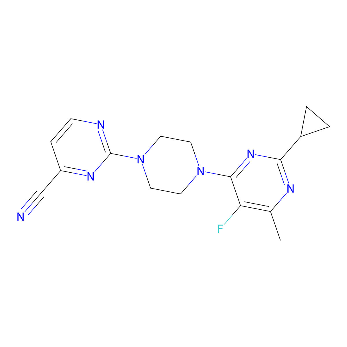2-[4-(2-Cyclopropyl-5-fluoro-6-methylpyrimidin-4-yl)piperazin-1-yl]pyrimidine-4-carbonitrile molecular structure, CAS 2640964-31-2