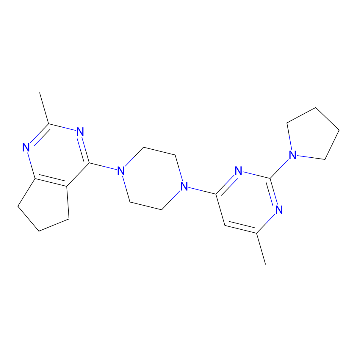 4-methyl-6-(4-{2-methyl-5H,6H,7H-cyclopenta[d]pyrimidin-4-yl}piperazin-1-yl)-2-(pyrrolidin-1-yl)pyrimidine molecular structure, CAS 2640964-35-6