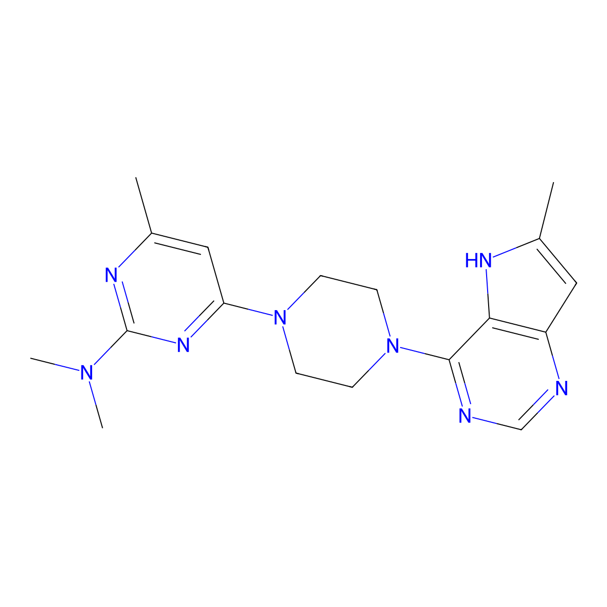 N,N,4-trimethyl-6-(4-{6-methyl-5H-pyrrolo[3,2-d]pyrimidin-4-yl}piperazin-1-yl)pyrimidin-2-amine molecular structure, CAS 2640964-39-0