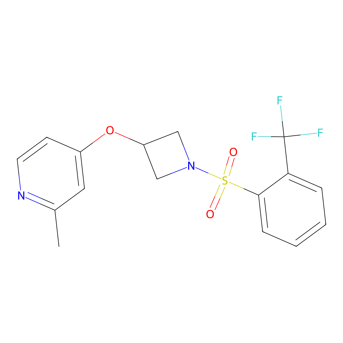 2-Methyl-4-({1-[2-(trifluoromethyl)benzenesulfonyl]azetidin-3-yl}oxy)pyridine molecular structure, CAS 2640964-40-3
