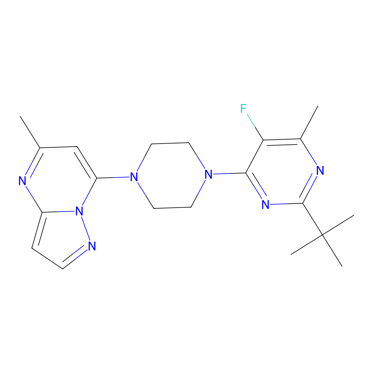 2-Tert-butyl-5-fluoro-4-methyl-6-(4-{5-methylpyrazolo[1,5-a]pyrimidin-7-yl}piperazin-1-yl)pyrimidine molecular structure, CAS 2640964-42-5