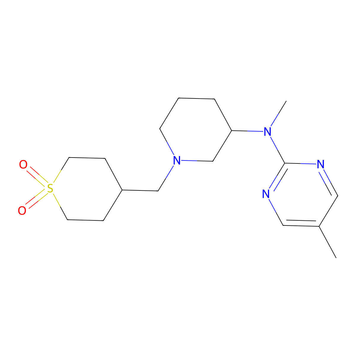 4-({3-[Methyl(5-methylpyrimidin-2-yl)amino]piperidin-1-yl}methyl)-1lambda6-thiane-1,1-dione molecular structure, CAS 2640964-43-6