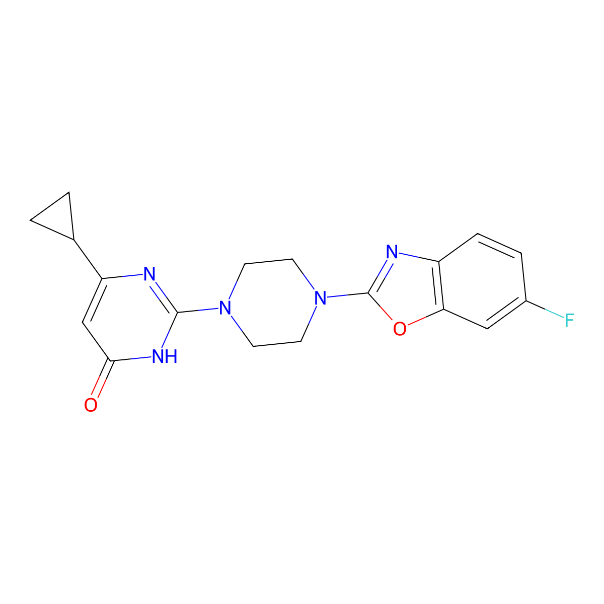 6-Cyclopropyl-2-[4-(6-fluoro-1,3-benzoxazol-2-yl)piperazin-1-yl]-3,4-dihydropyrimidin-4-one molecular structure, CAS 2640964-44-7