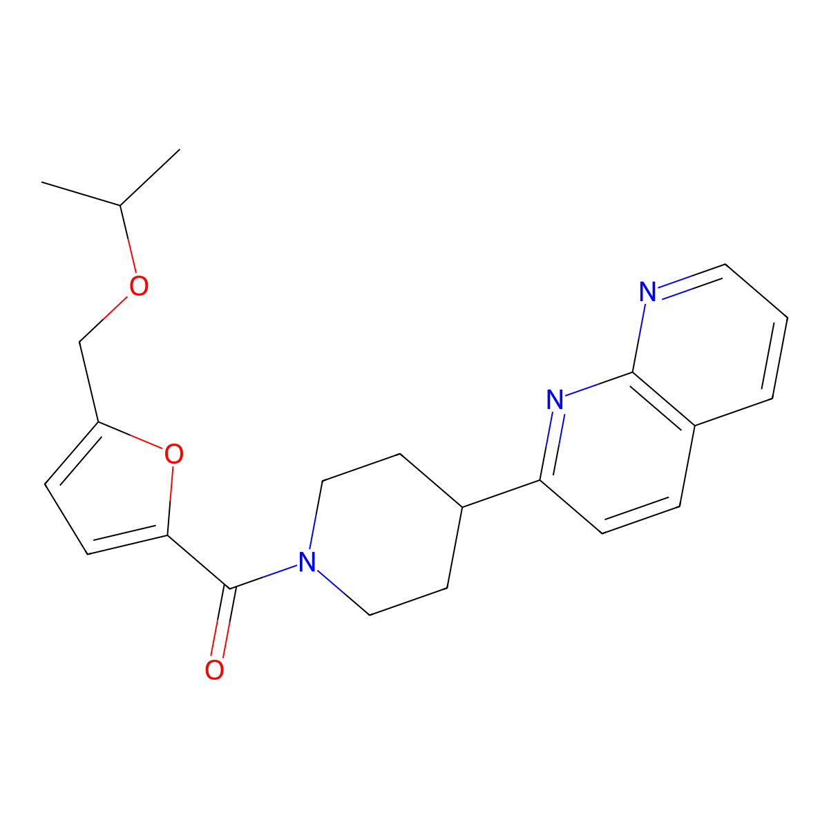 2-(1-{5-[(Propan-2-yloxy)methyl]furan-2-carbonyl}piperidin-4-yl)-1,8-naphthyridine molecular structure, CAS 2640964-45-8