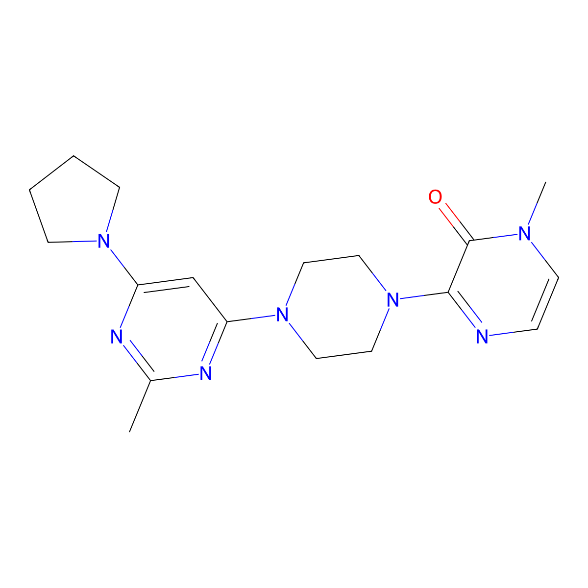 1-Methyl-3-{4-[2-methyl-6-(pyrrolidin-1-yl)pyrimidin-4-yl]piperazin-1-yl}-1,2-dihydropyrazin-2-one molecular structure, CAS 2640964-49-2