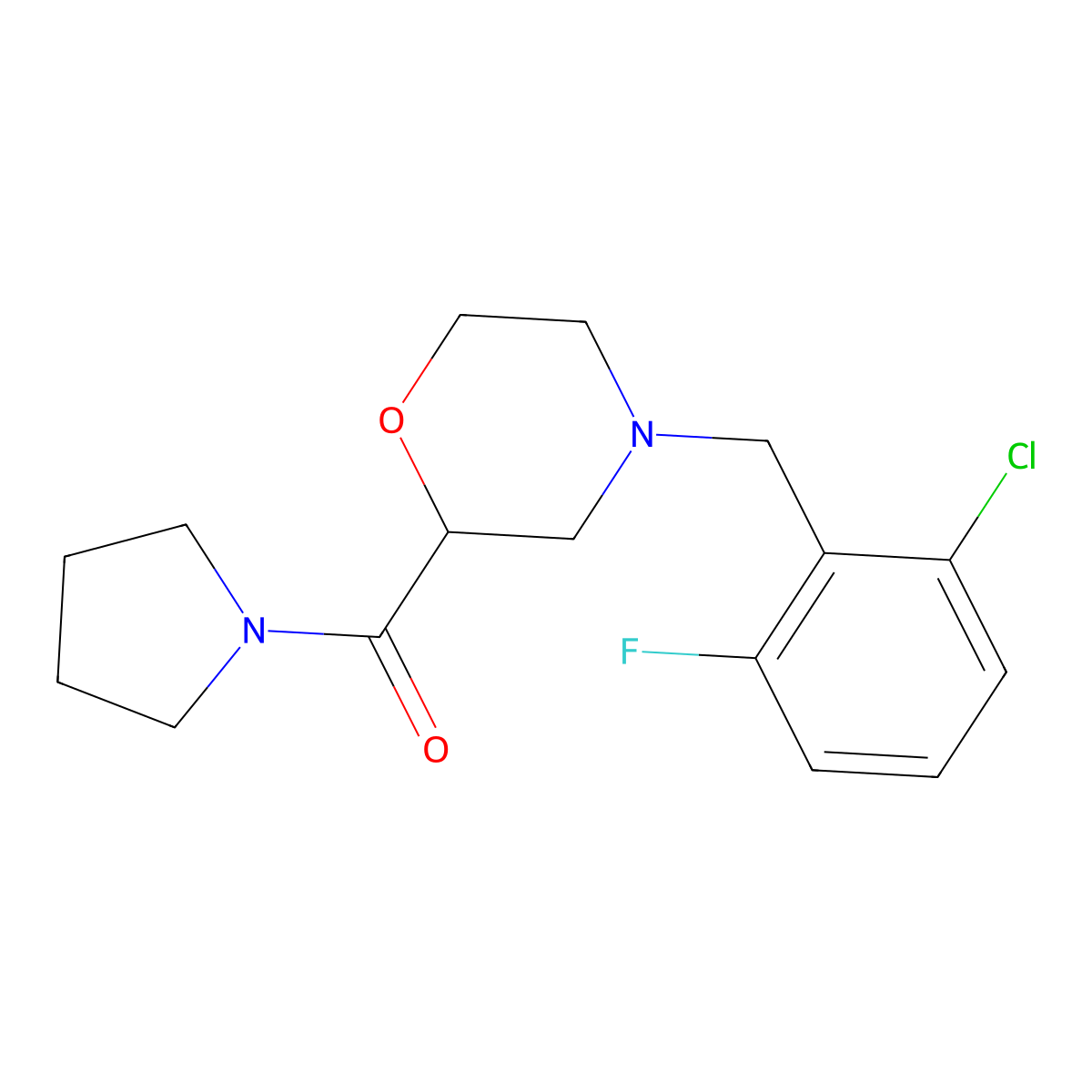 4-[(2-Chloro-6-fluorophenyl)methyl]-2-(pyrrolidine-1-carbonyl)morpholine molecular structure, CAS 2640964-54-9