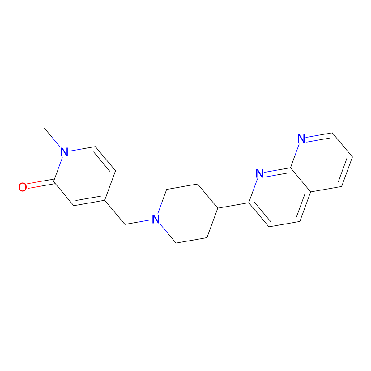 1-Methyl-4-{[4-(1,8-naphthyridin-2-yl)piperidin-1-yl]methyl}-1,2-dihydropyridin-2-one molecular structure, CAS 2640964-57-2