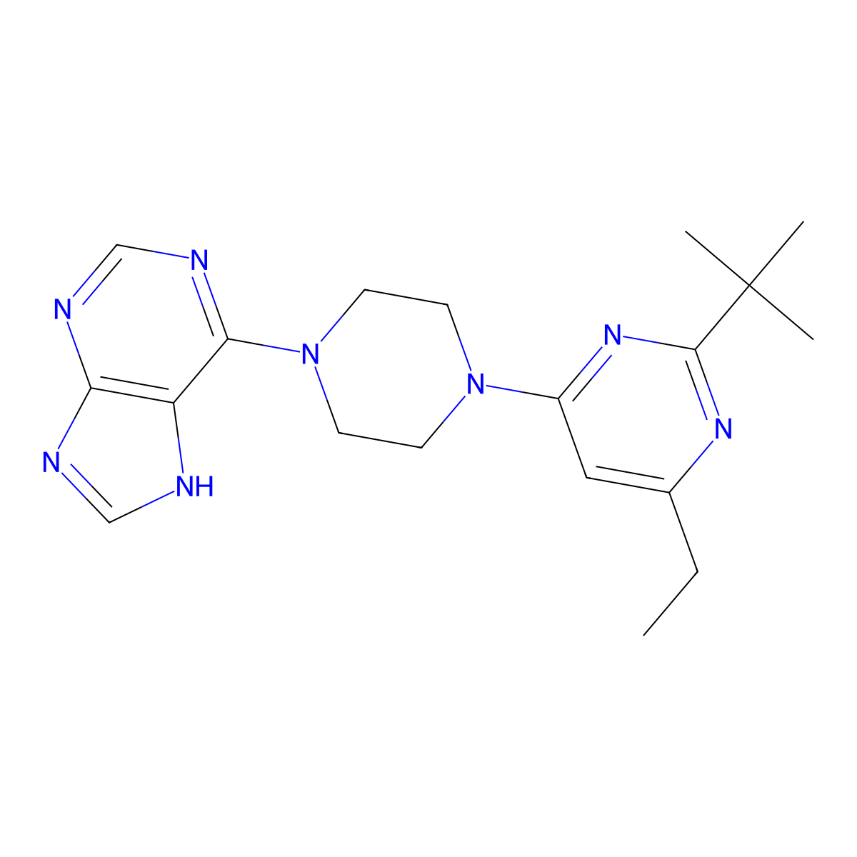 6-[4-(2-tert-butyl-6-ethylpyrimidin-4-yl)piperazin-1-yl]-9H-purine molecular structure, CAS 2640964-59-4