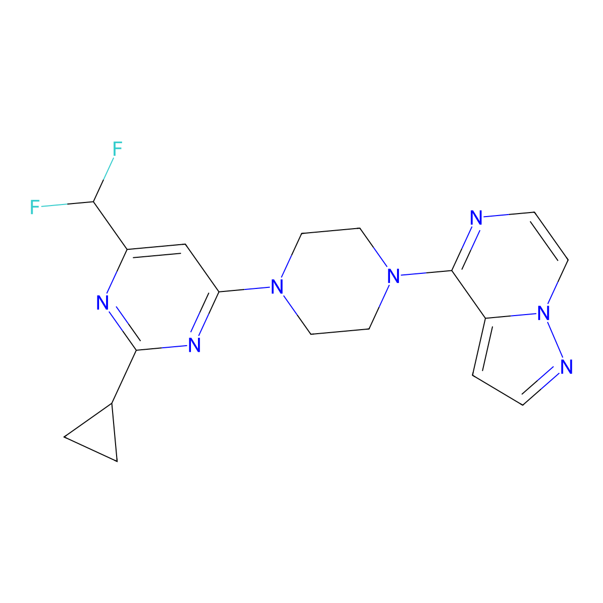 2-Cyclopropyl-4-(difluoromethyl)-6-(4-{pyrazolo[1,5-a]pyrazin-4-yl}piperazin-1-yl)pyrimidine molecular structure, CAS 2640964-64-1