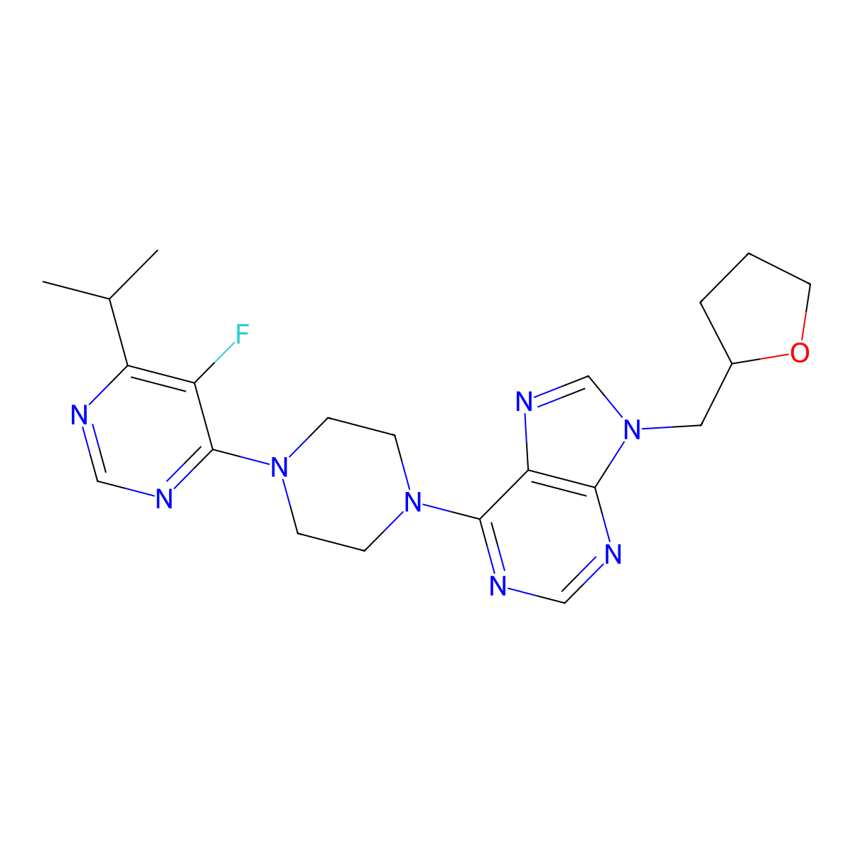 6-{4-[5-fluoro-6-(propan-2-yl)pyrimidin-4-yl]piperazin-1-yl}-9-[(oxolan-2-yl)methyl]-9H-purine molecular structure, CAS 2640964-69-6