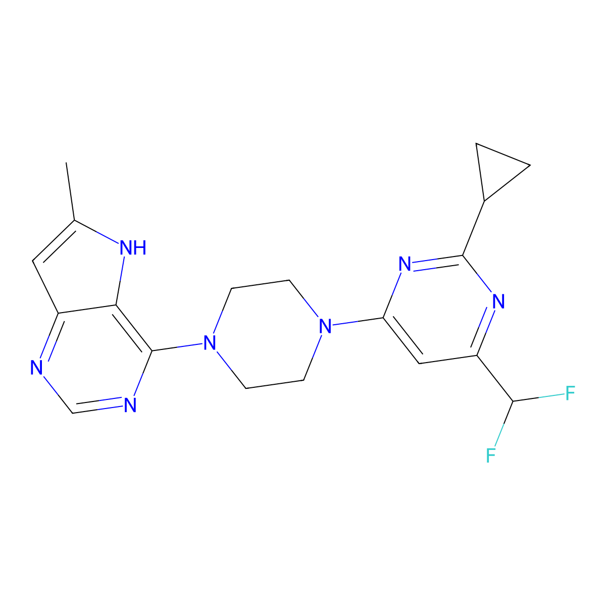 2-cyclopropyl-4-(difluoromethyl)-6-(4-{6-methyl-5H-pyrrolo[3,2-d]pyrimidin-4-yl}piperazin-1-yl)pyrimidine molecular structure, CAS 2640964-74-3