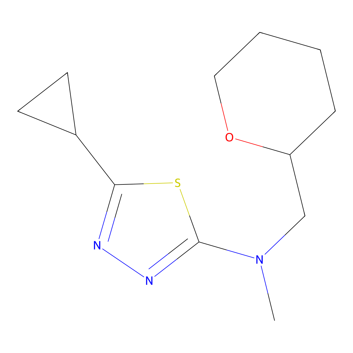 5-cyclopropyl-N-methyl-N-[(oxan-2-yl)methyl]-1,3,4-thiadiazol-2-amine molecular structure, CAS 2640964-75-4