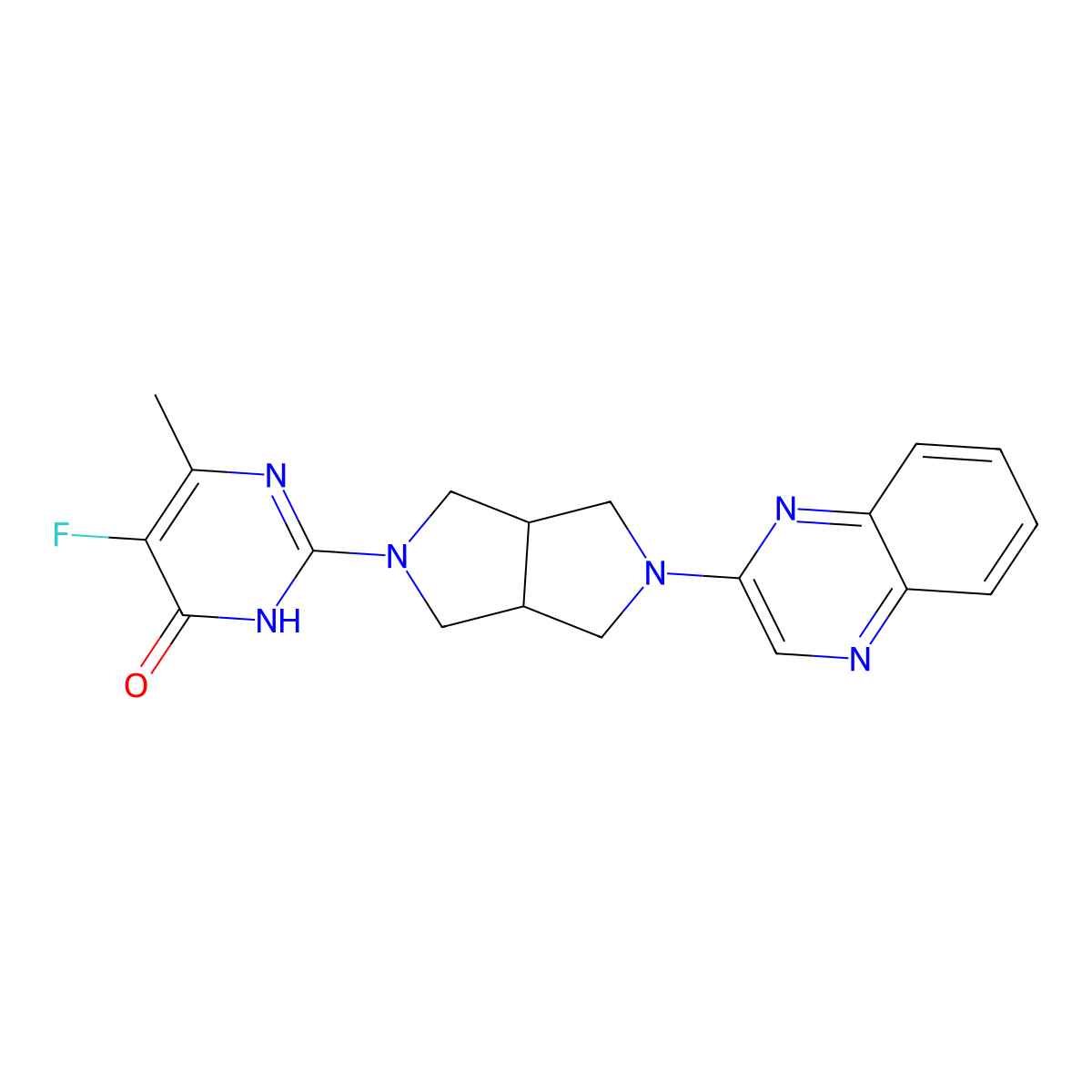 5-Fluoro-6-methyl-2-[5-(quinoxalin-2-yl)-octahydropyrrolo[3,4-c]pyrrol-2-yl]-3,4-dihydropyrimidin-4-one molecular structure, CAS 2640964-76-5