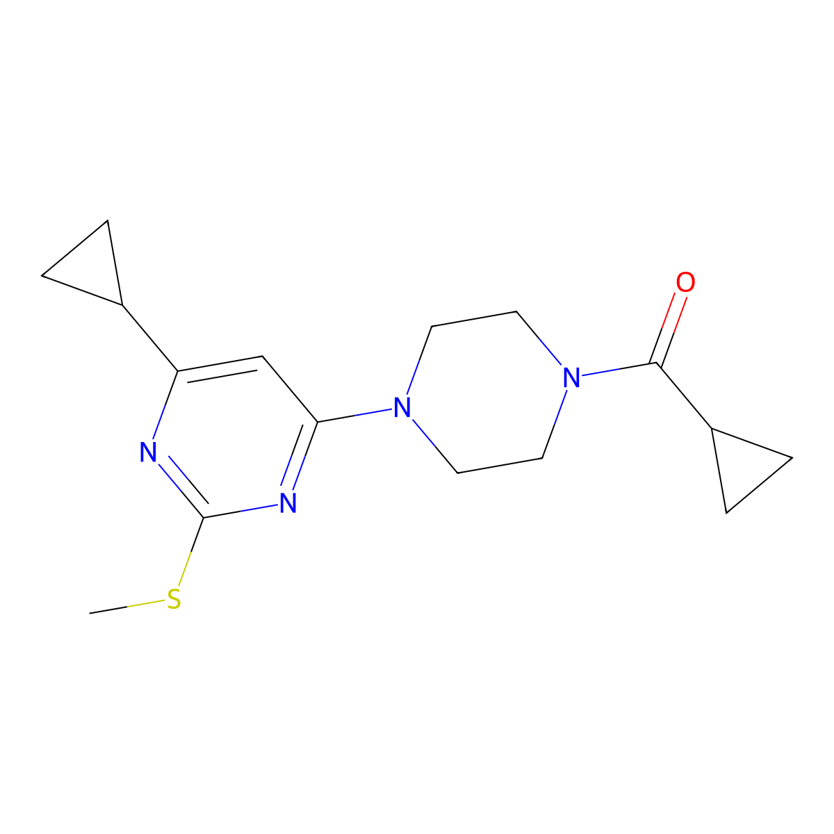 4-(4-Cyclopropanecarbonylpiperazin-1-yl)-6-cyclopropyl-2-(methylsulfanyl)pyrimidine molecular structure, CAS 2640964-77-6