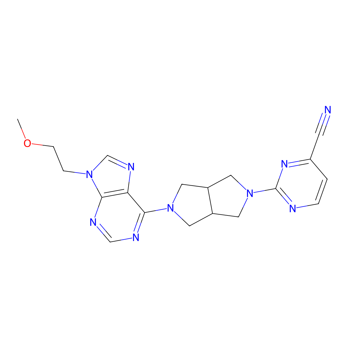 2-{5-[9-(2-methoxyethyl)-9H-purin-6-yl]-octahydropyrrolo[3,4-c]pyrrol-2-yl}pyrimidine-4-carbonitrile molecular structure, CAS 2640964-83-4