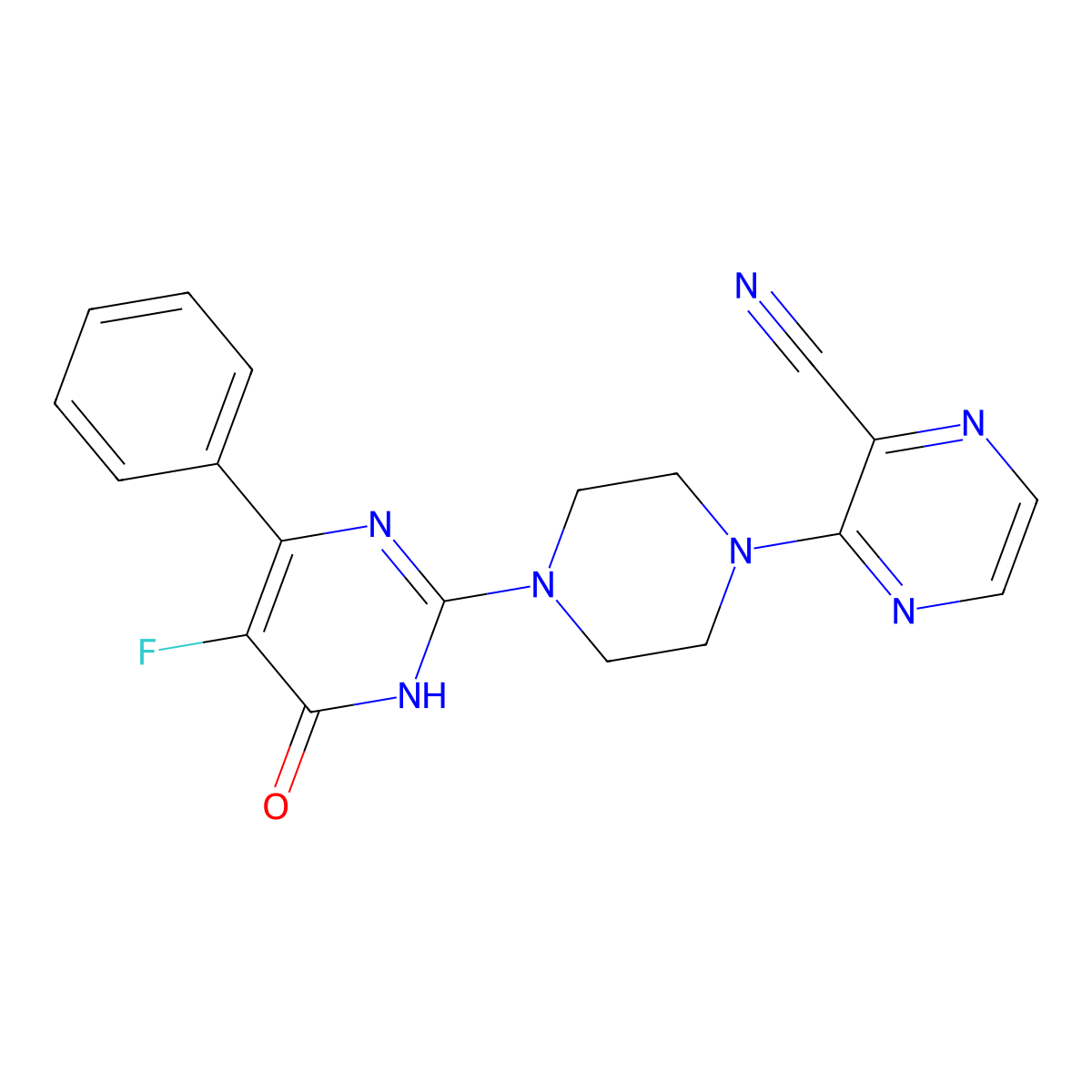 3-[4-(5-Fluoro-6-oxo-4-phenyl-1,6-dihydropyrimidin-2-yl)piperazin-1-yl]pyrazine-2-carbonitrile molecular structure, CAS 2640964-85-6