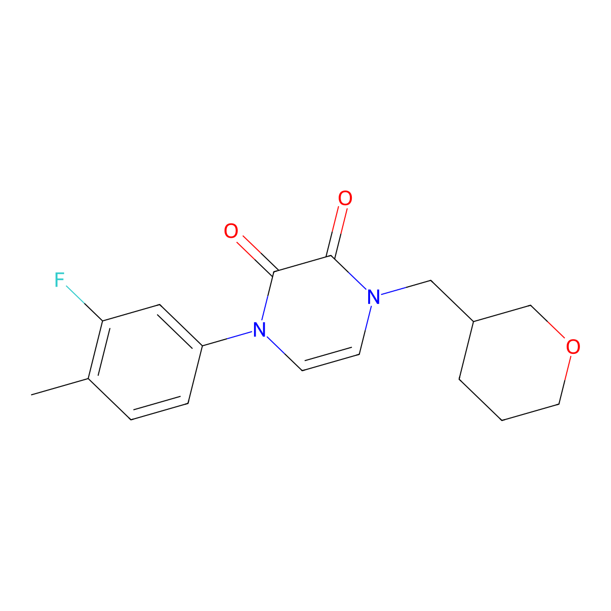 1-(3-Fluoro-4-methylphenyl)-4-[(oxan-3-yl)methyl]-1,2,3,4-tetrahydropyrazine-2,3-dione molecular structure, CAS 2640964-93-6