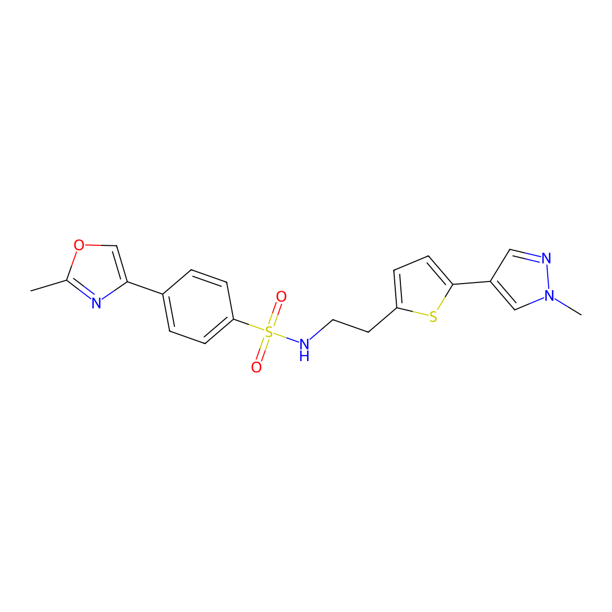4-(2-methyl-1,3-oxazol-4-yl)-N-{2-[5-(1-methyl-1H-pyrazol-4-yl)thiophen-2-yl]ethyl}benzene-1-sulfonamide molecular structure, CAS 2640964-96-9