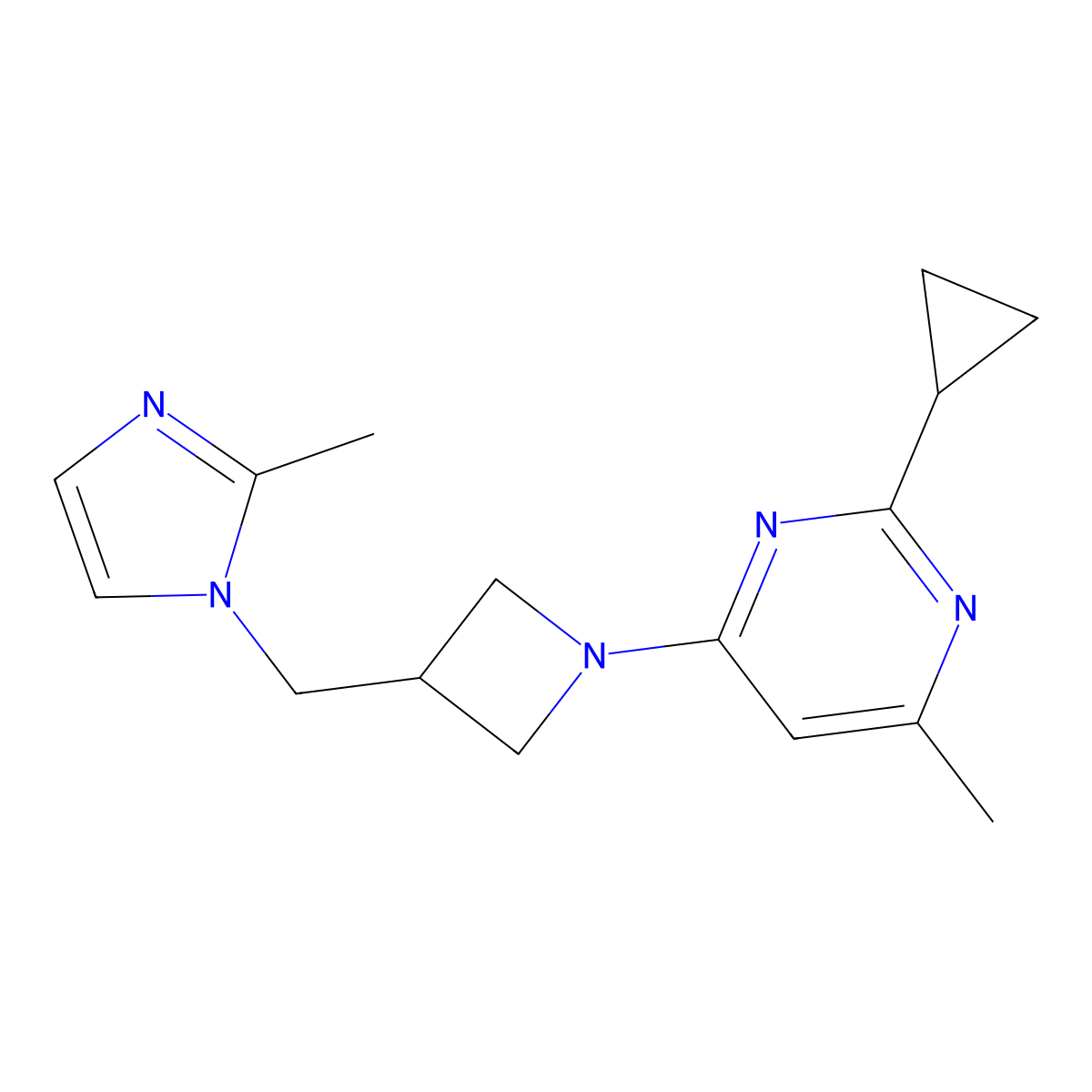 2-cyclopropyl-4-methyl-6-{3-[(2-methyl-1H-imidazol-1-yl)methyl]azetidin-1-yl}pyrimidine molecular structure, CAS 2640964-99-2